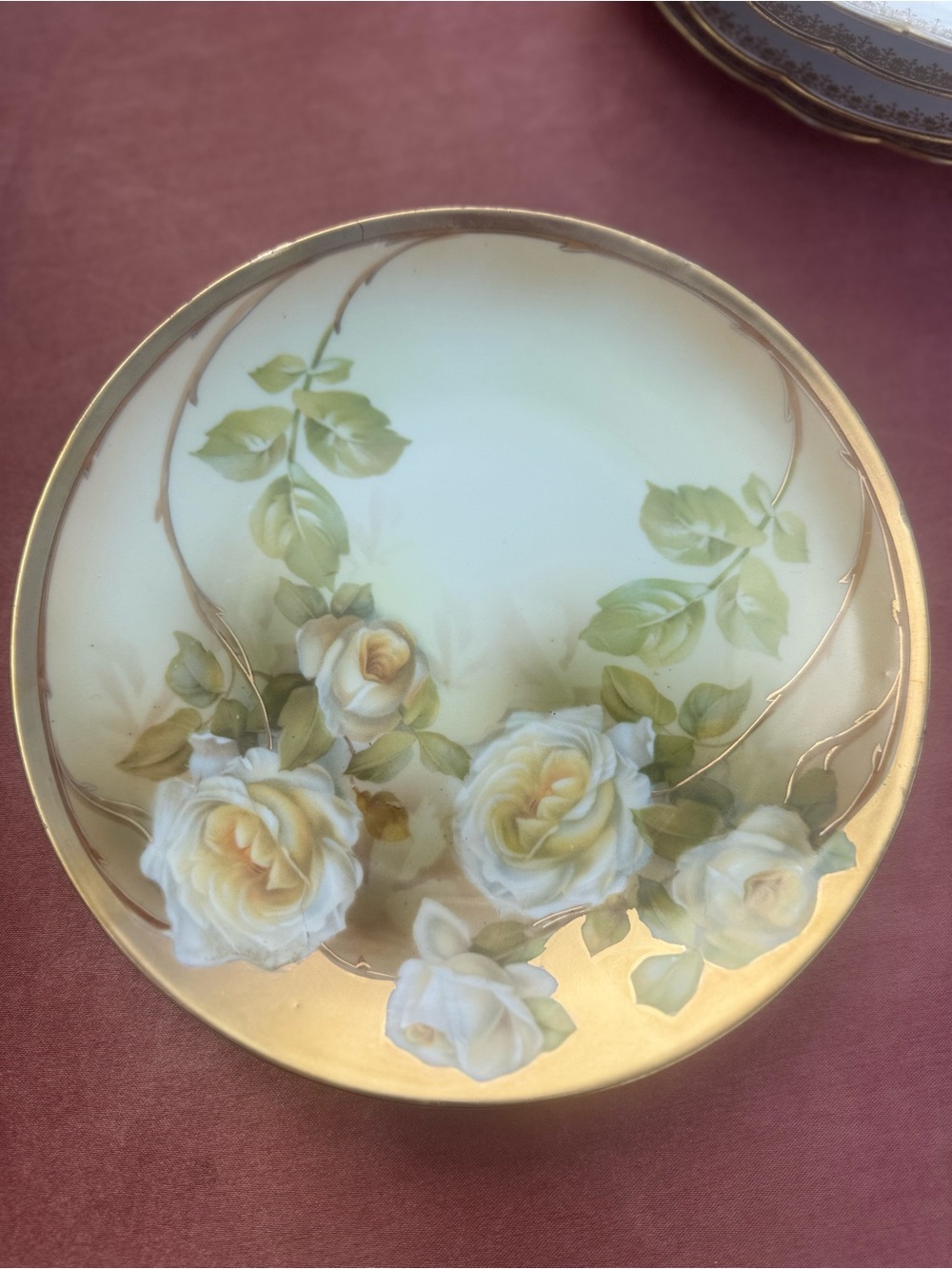 Antique RS Germany Hand Painted White Cabbage Rose Cabinet Plate Gold Rim